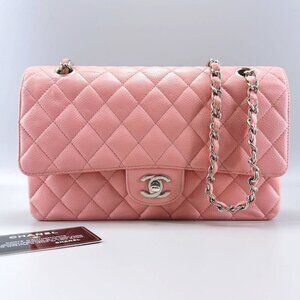 Authentic CHANEL Caviar Quilted Medium Classic Double Flap Bag Pink SHW Purse